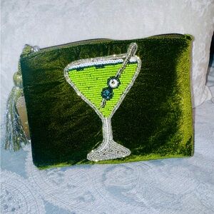 Green Velvet Beaded Cosmetic Bag with Martini Glass